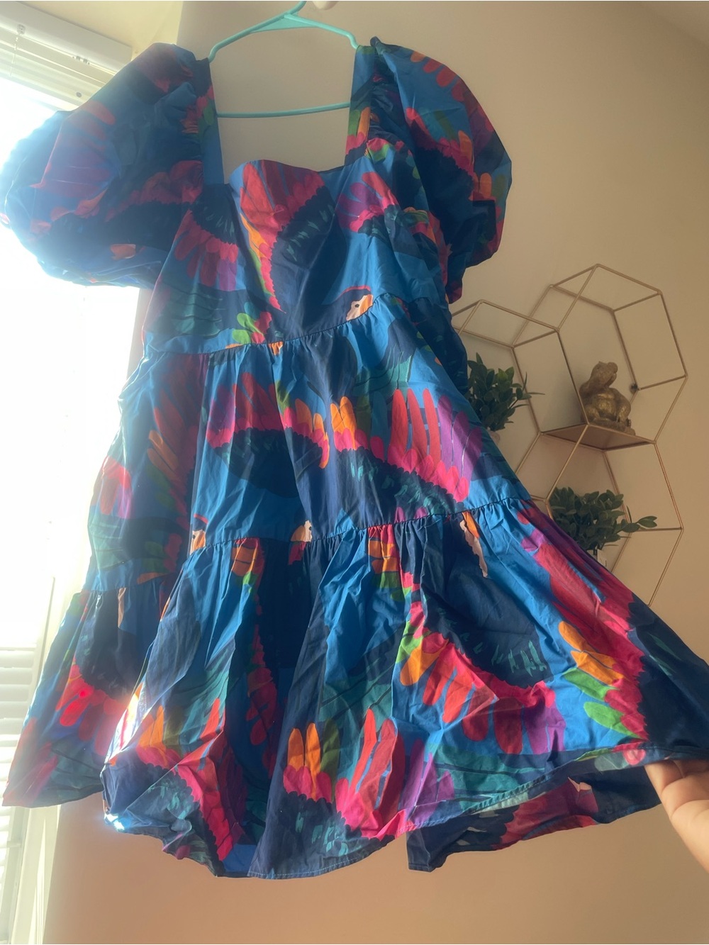 Farm Rio Blue Multicolor Puff-Sleeve Tiered Dress